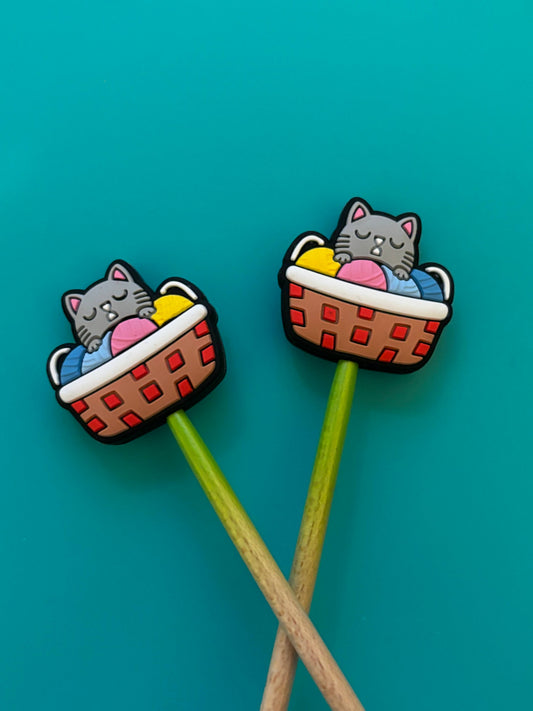 Knitting Needle Point Protectors Red Basket Cat in Yarn